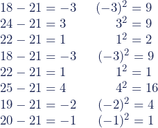 \\ 18-21&=-3\,\,\,\,\,\,\,\,\,(-3)^2=9 \\ 24-21&=3\,\,\,\,\,\,\,\,\,\,\,\,\,\,\,\,\,\,\,\,\,\,\,3^2=9 \\ 22-21&=1\,\,\,\,\,\,\,\,\,\,\,\,\,\,\,\,\,\,\,\,\,\,\,1^2=2 \\ 18-21&=-3\,\,\,\,\,\,\,\,\,\,(-3)^2=9 \\ 22-21&=1\,\,\,\,\,\,\,\,\,\,\,\,\,\,\,\,\,\,\,\,\,\,\,1^2=1 \\ 25-21&=4\,\,\,\,\,\,\,\,\,\,\,\,\,\,\,\,\,\,\,\,\,\,\,4^2=16 \\ 19-21&=-2\,\,\,\,\,\,\,\,\,\,(-2)^2=4 \\ 20-21&=-1\,\,\,\,\,\,\,\,\,\,(-1)^2=1