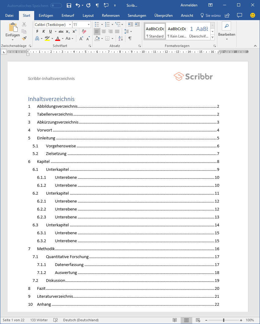 Inhaltsverzeichnis Tabelle Vorlage