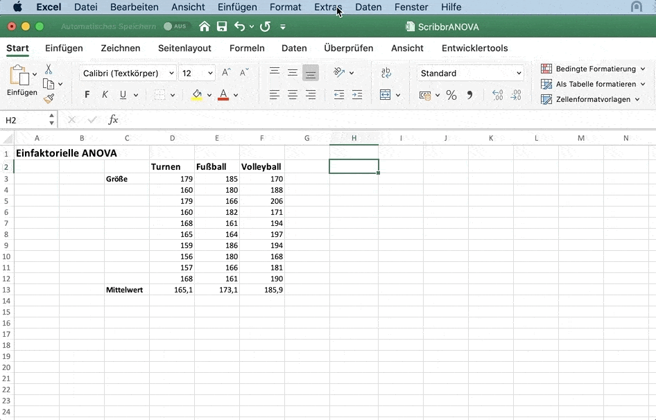 Einfaktorielle Varianzanalyse Excel