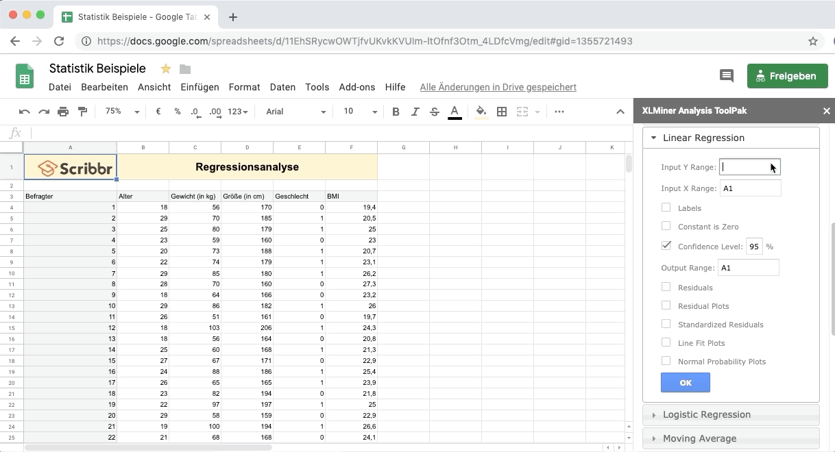 Regressionsanalyse Google-Tabellen